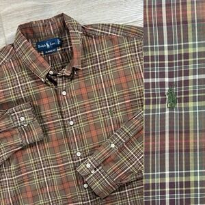 Ralph Lauren XL Classic Fit Button Down Long Sleeve Plaid Green Orange Fall***